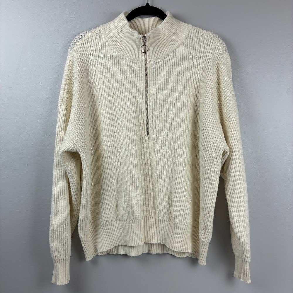 Nine West Half Zip XL Cream Rayon Knit Preppy Chic Sequin Sparkle Ribbed Sweater - Picture 2 of 11